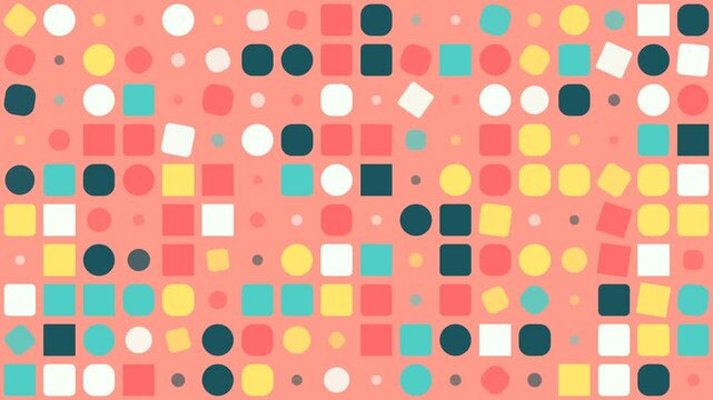 Geometric shapes including circles and squares create a colorful mosaic pattern on a peach background.