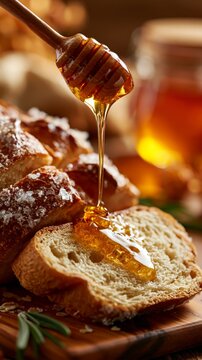 Golden honey dripping from a wooden dipper onto fresh, crusty bread with flaky salt, set on a rustic wooden board with herbs and warm lighting.