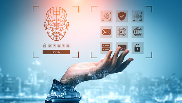 An illustrative hand reaching towards a digital login interface, showcasing facial recognition features and various security icons, set against a vibrant city background. Ledger