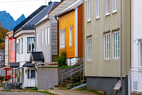 Colorful traditional wooden houses along a street in Kabelvag, Lofoten, Norway