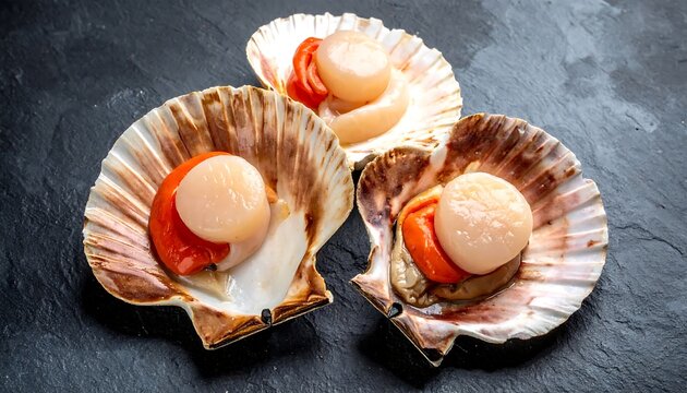 Fresh raw scallops in open shells with orange roe on a dark slate background