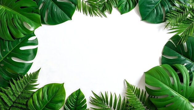 Lush green tropical foliage forming an elegant botanical frame against a clean white background, perfect for vibrant summer themes, eco-friendly designs, and refreshing natural concepts