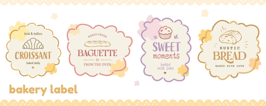Bakery cafe croissant with labels pastel vintage and baguette muffin bread. Pastry label homemade with sweet branding premium and sign retro menu.