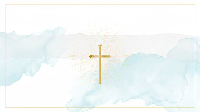 Minimal Christian watercolor background with a radiant gold cross, soft aqua blue washes, elegant sunburst rays, thin gold border and spacious copy space.