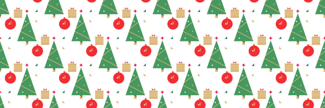 Seamless christmas pattern green stylized fir trees red ornaments and gift boxes. Festive winter holiday background.