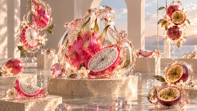 Enchanting crystal dragon fruit & passion fruit at sunset