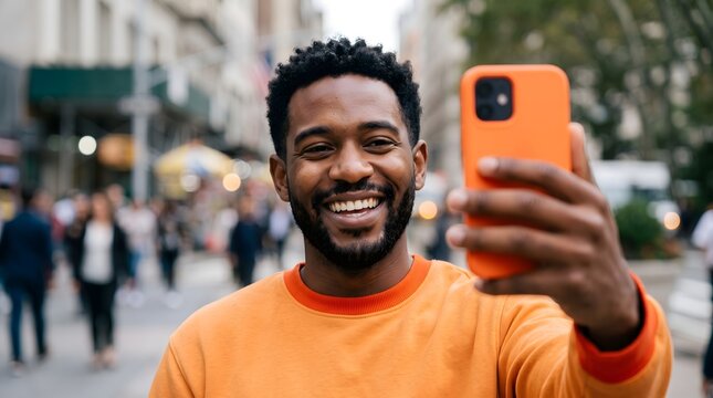 Smiling african american man taking a selfie with a smartphone on a city street mobile phone orange case self portrait urban background cheerful