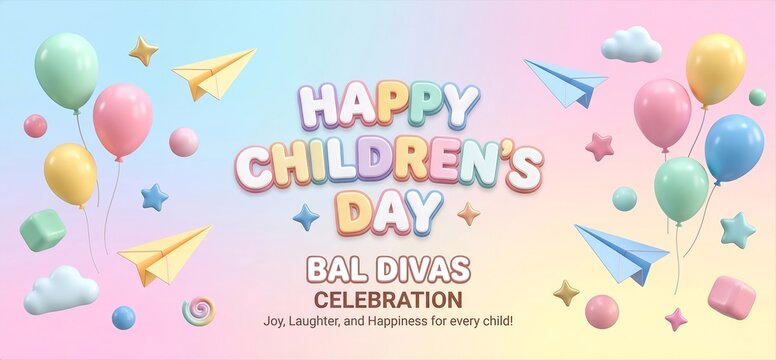 Happy Children's Day Bal Divas Celebration Banner with 3D Balloons Stars Paper Planes Pastel Colorful Background Illustration