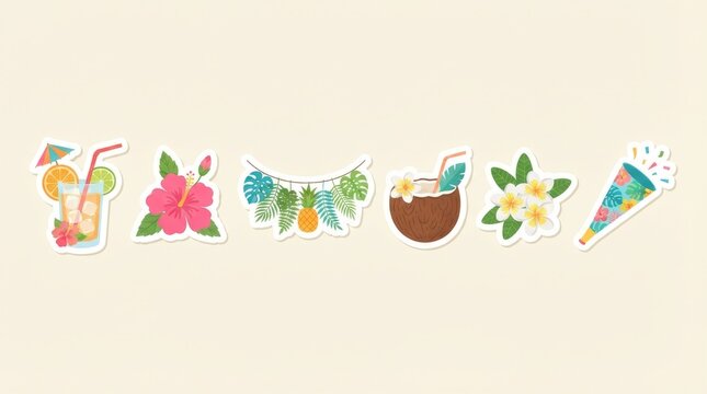 Set of Tropical Summer Vacation Stickers on Beige Background