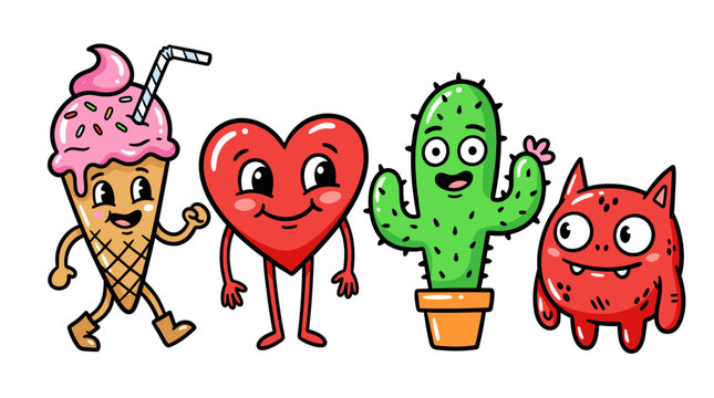 Group of cheerful cartoon characters walking together.