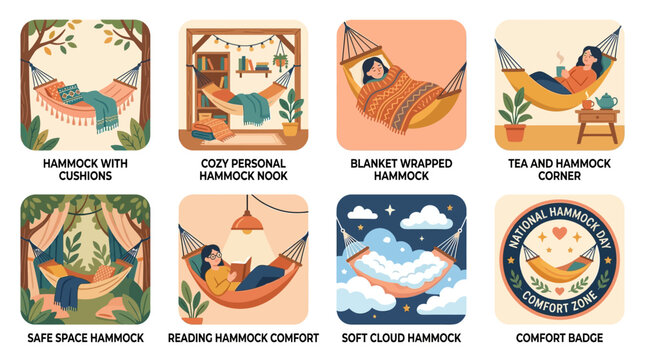 Hammocks displayed in various peaceful settings provide a visual collection of relaxation scenes that emphasize comfort and leisure through stylized artistic depictions for diverse lifestyle design.