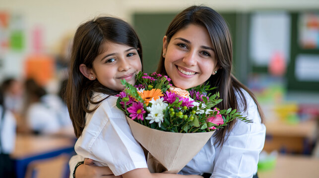 Female teacher hugging a student who just gave her a beautiful bouquet of flowers , student give that teacher present, student give her teacher flowers, congratulations to a teache