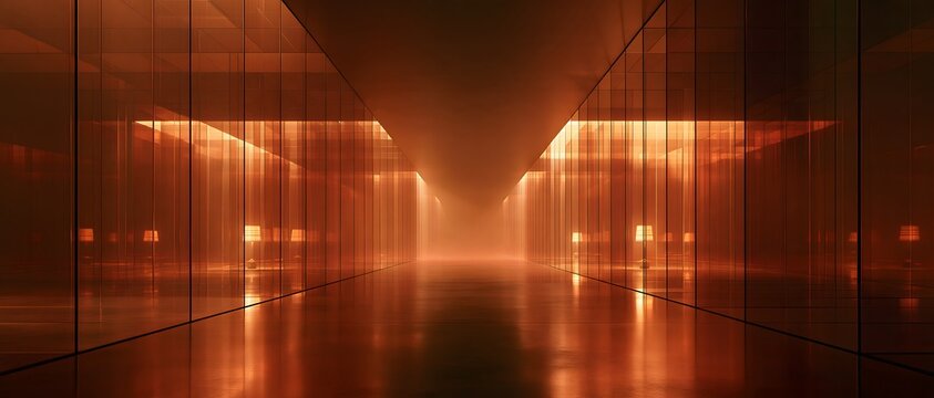 Amber glass corridor with reflective floor, glowing light, and symmetrical modern architecture creating futuristic atmosphere