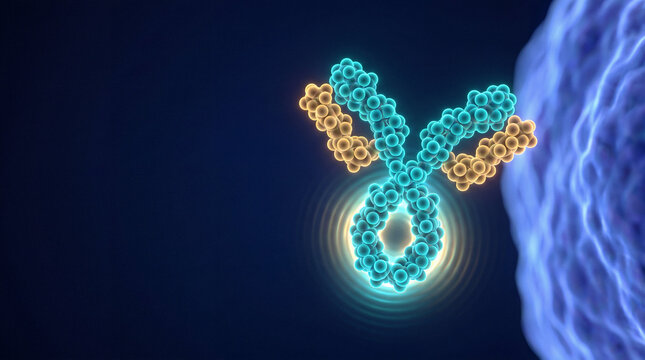 3D scientific visualization of a glowing Y-shaped IgG antibody emitting signaling ripples from its Fc stem near a giant white blood cell membrane. Immune opsonization with dark copy space.
