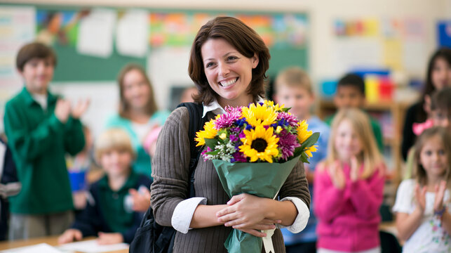 Happy teacher standing in front of a classroom while students applaud and present flowers , student give that teacher present, student give her teacher flowers, congratulations to