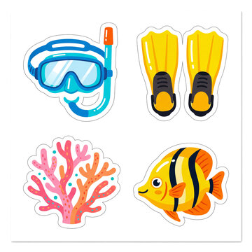 Snorkeling and diving gear sticker pack featuring fins mask and coral