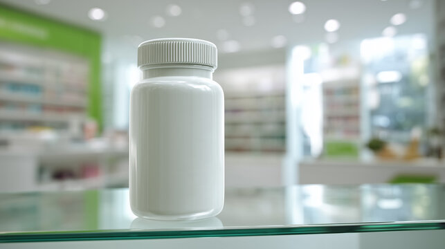 Close-up of a blank white medicine bottle with a screw cap on a pharmacy counter, softly blurred shelves in the background, representing healthcare, pharmaceutical products, medication and medical ret