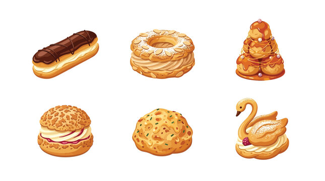 Set of Gourmet French Choux Pastry Illustrations - Eclair, Paris-Brest, Croquembouche, and Cream Puffs