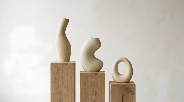 Three abstract ceramic sculptures displayed on wooden pedestals in a bright gallery
