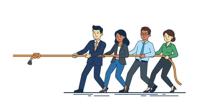 Four business professionals pulling a rope together in a team building activity.