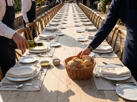 Banquet table with bread basket and wine service outdoors