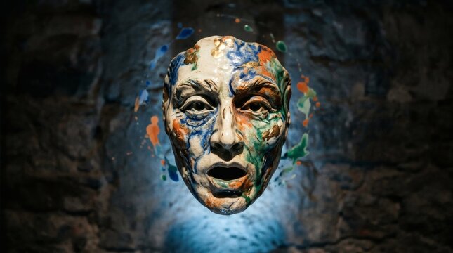 Abstract ceramic mask with colorful paint drips and gold leaf accents on dark textured stone background.