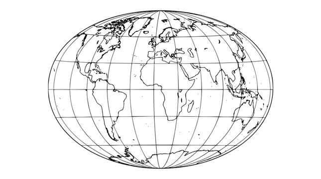 Black and white vector world map illustration with grid lines