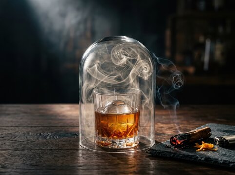 Moody bourbon cocktail under glass dome with smoke on rustic bar