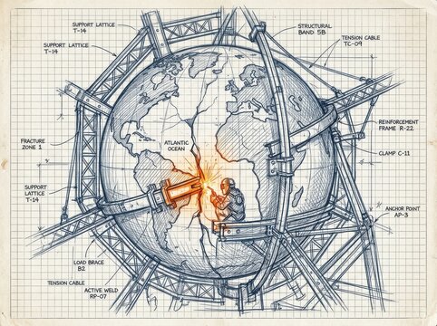 Blueprint globe with welding and industrial framework