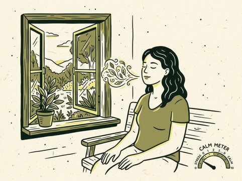 Mindfulness meditation by open window with calm meter and indoor plant