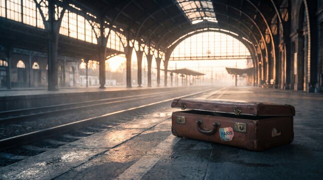 Vintage Suitcase on Empty Train Station Platform at Sunset