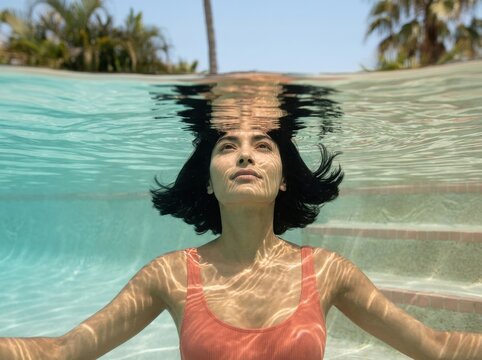Underwater woman in swimming pool with sunlit ripples