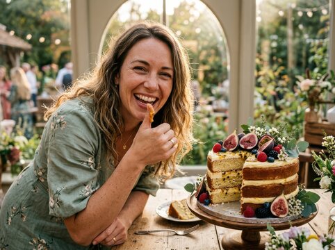 Celebration dessert scene with smiling woman and rustic layer cake