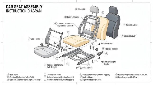 Exploded view diagram showing automobile seat assembly parts and components