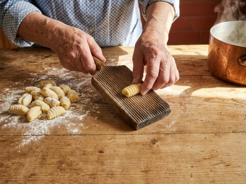 Rustic handmade gnocchi shaping on floured wooden board