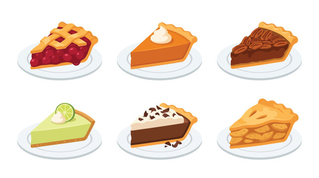 Vector Illustration Set of Diverse Pie Slices on Plates including Apple, Pumpkin, Cherry, Pecan, Key Lime, and Chocolate Cream Pie