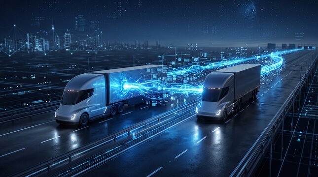 Abstract 3D Digital Tether Connecting Platooning Trucks