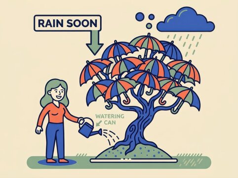 Umbrella Tree Growth Concept with Woman Watering Before Rain