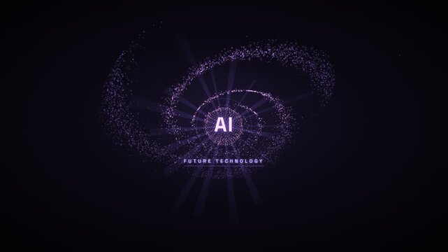 Abstract swirling purple particles forming AI logo with future technology text on dark background loop