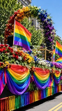 Decorated pride parade float with flowers and flags on a sunny street