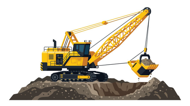 Yellow Dragline Excavator Illustration Digging Earth - Heavy Construction Machinery Vector Isolated on White Background
