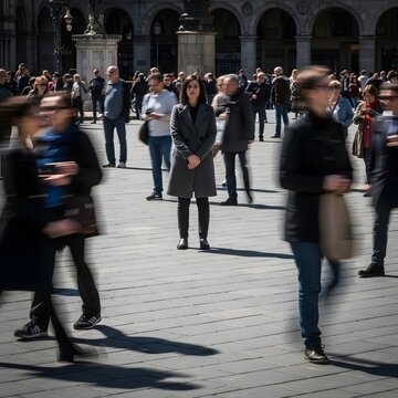 Crowd People Walking City Square, Illustration Generative AI
