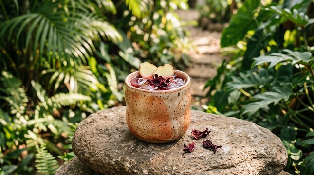Ghanaian Sobolo Hibiscus Drink in Handmade Ceramic Tumbler on Natural Stone