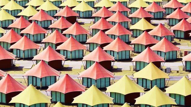 High angle view shows colorful pointy roof tents arranged in neat rows at a desert resort, creating a striking geometric pattern.