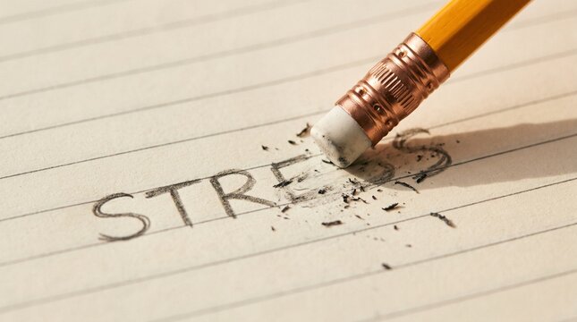 Concept of stress management and relief with pencil eraser erasing the word stress on lined paper