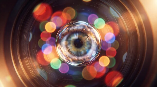Abstract Camera Lens with Human Eye Reflection and Colorful Bokeh Lights