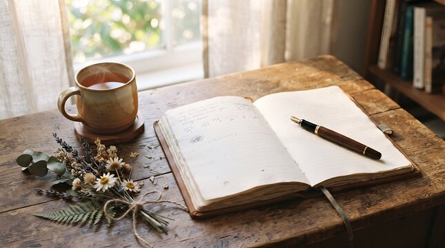 Open notebook and fountain pen on rustic wooden desk with hot drink