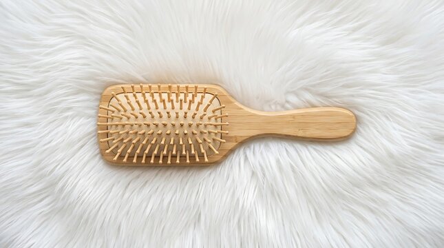 Wooden Brush with Bristles on Soft White Fur Background