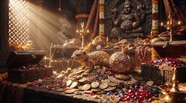 Divine Altar of Prosperity with Gold Coins Gemstones and Sacred Deity Statue