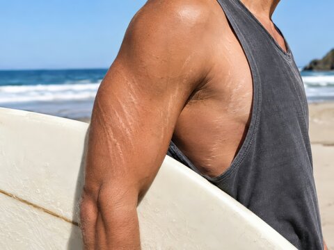 Man carries surfboard on beach with visible stretch marks on upper